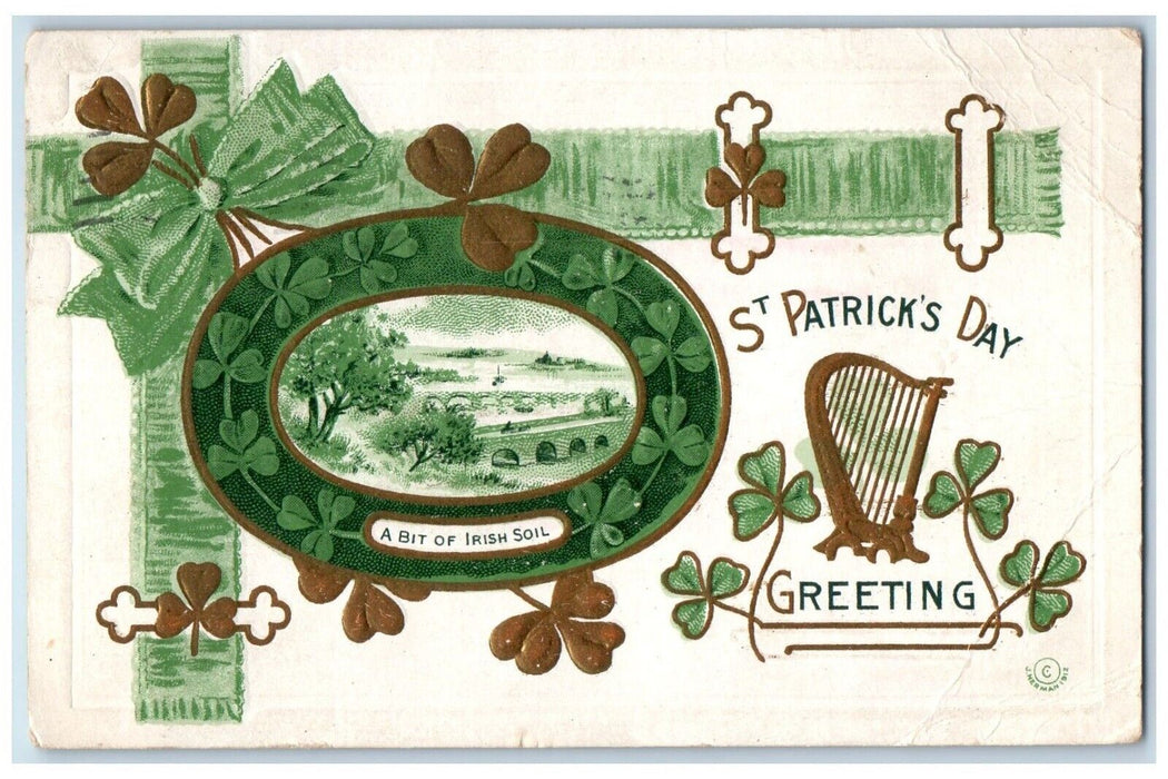 1914 St. Patrick's Day Greetings A Bit Of Irish Soil Shamrocks Embossed Postcard