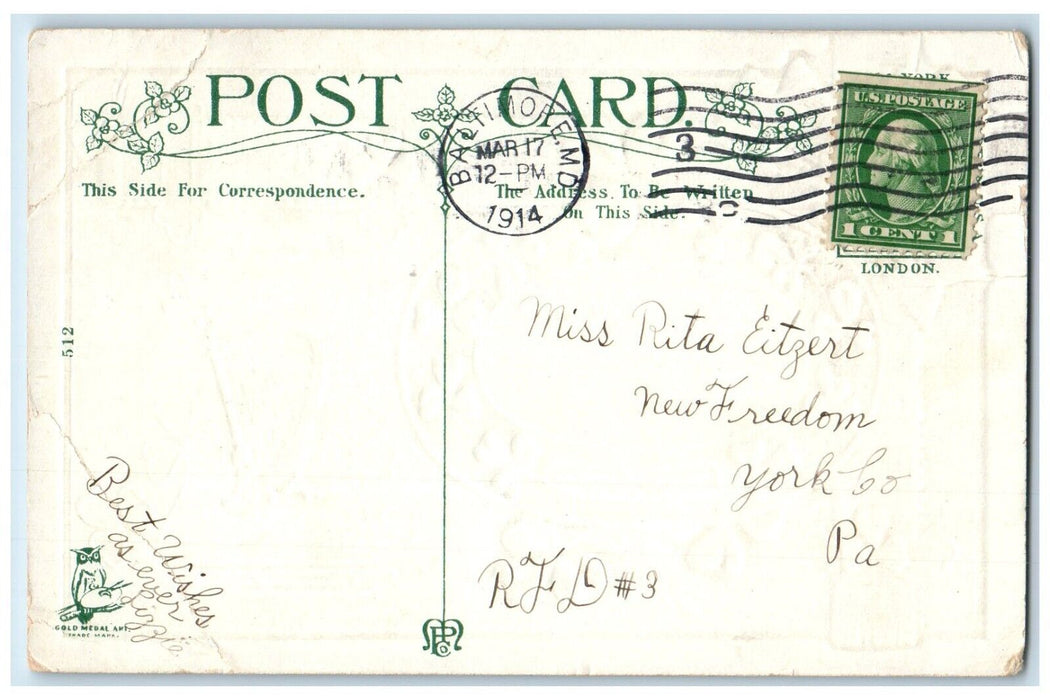 1914 St. Patrick's Day Greetings A Bit Of Irish Soil Shamrocks Embossed Postcard