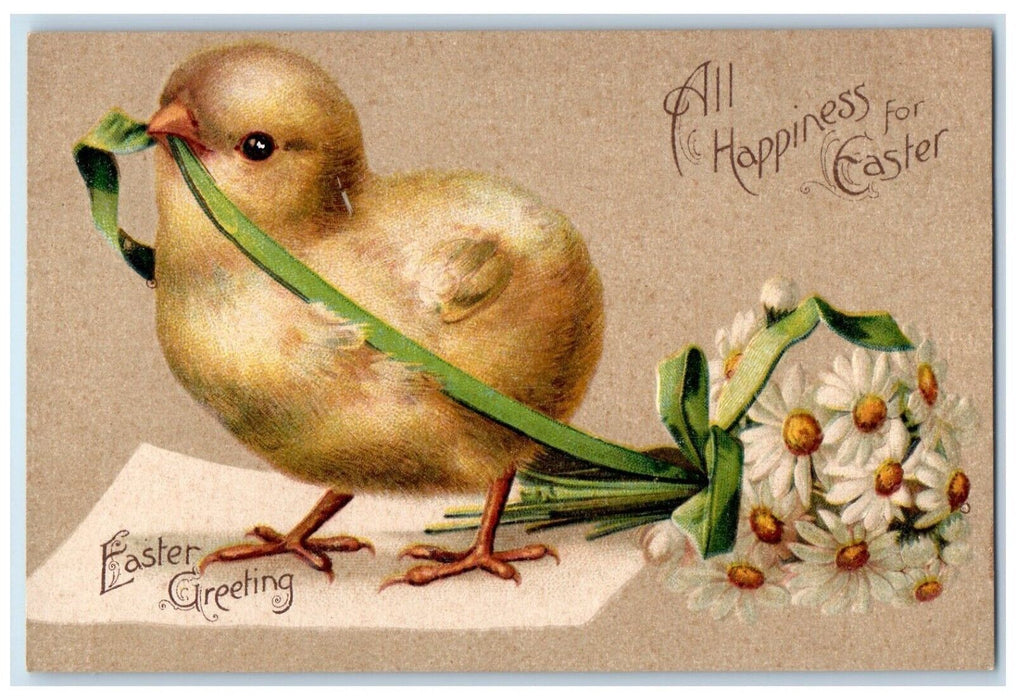 c1910s Easter Greetings Chick Pulling Daisy Flowers Clapsaddle Embossed Postcard