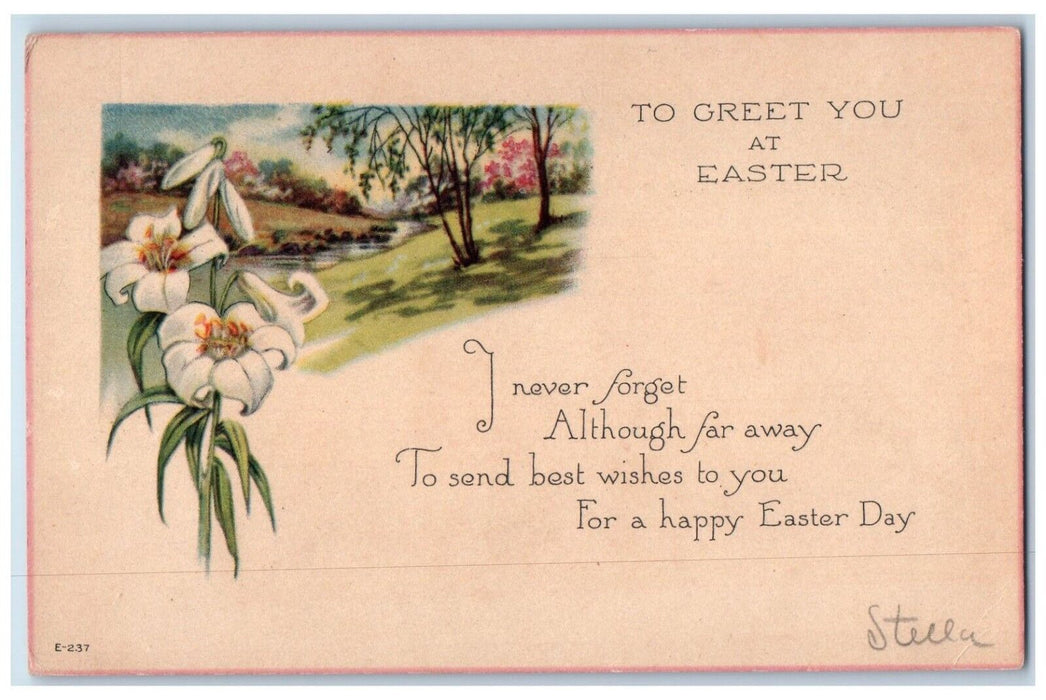 c1910's Happy Easter Lily Flowers River And Trees Posted Antique Postcard