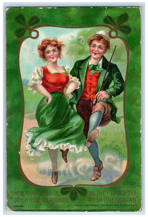 1909 St. Patrics Day Couple Dancing Shamrock Embossed Glenrock PA Postcard