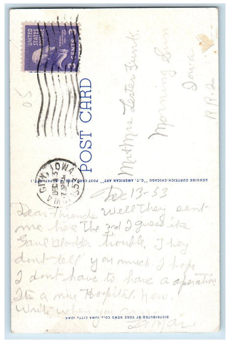 1953 Veteran's Administration Hospital Building Iowa City, Iowa IA Postcard