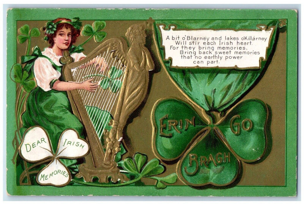 c1910's St. Patrick's Day Woman Playing Harp Shamrocks Embossed Antique Postcard