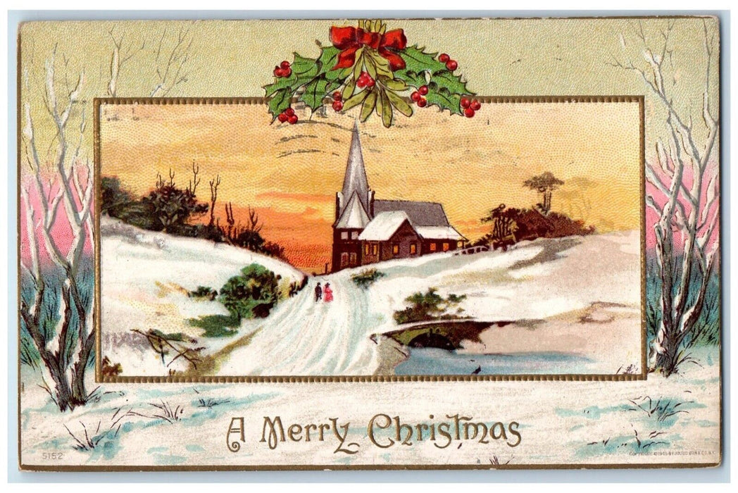 1911 Merry Christmas House Church Winter Holly Berries Alexandria VA Postcard