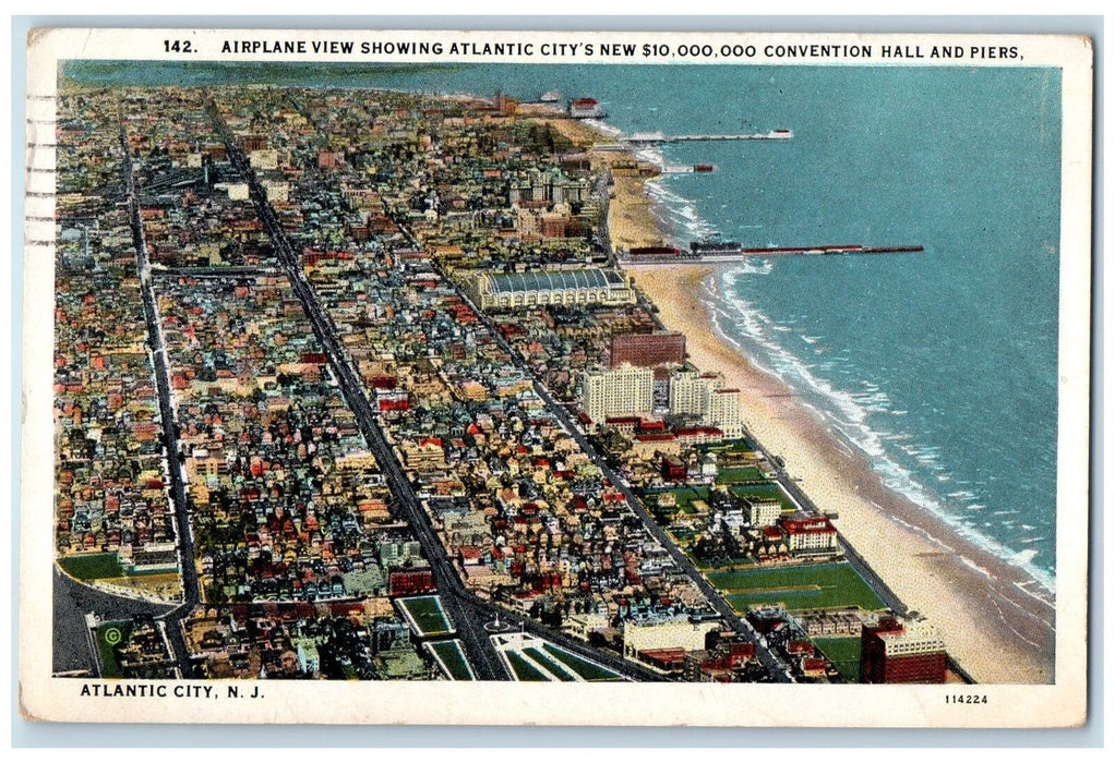 1927 Airplane View Atlantic City Convention Hall Piers New Jersey NJ Postcard