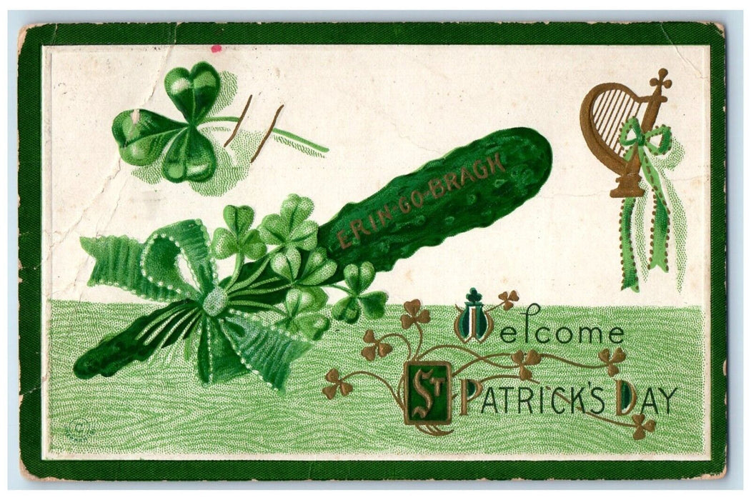 1922 St. Patrick's Day Cucumber Shamrock Harp New Freedom PA Embossed Postcard