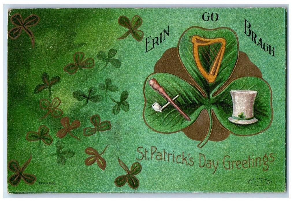 1909 St. Patrick's Day Greetings Shamrocks Harp Cap Pipe Glenrock PA Postcard