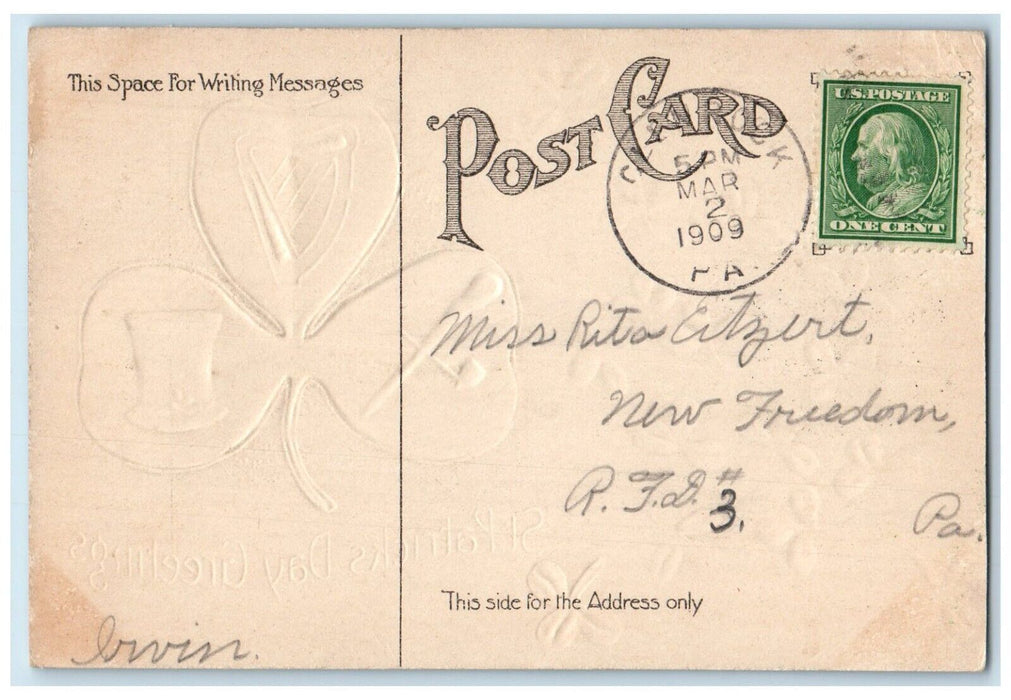 1909 St. Patrick's Day Greetings Shamrocks Harp Cap Pipe Glenrock PA Postcard