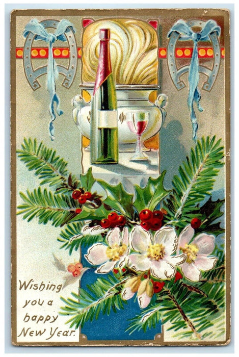 1910 New Year Holly Berries Flowers Champagne Grand Rapids MI Tuck's Postcard