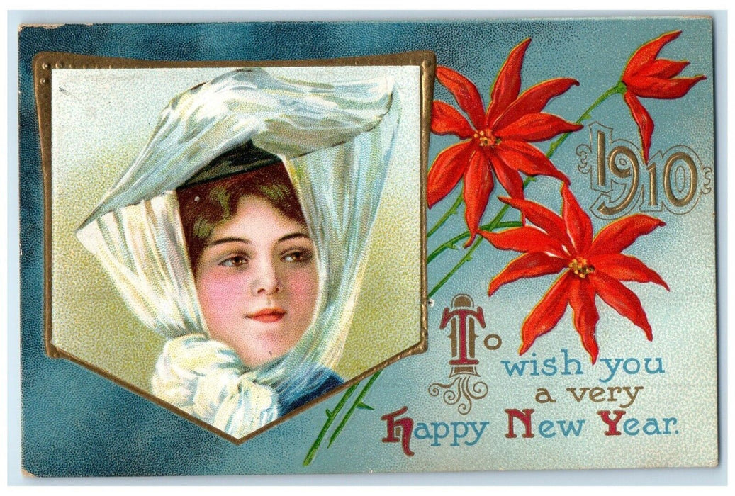 1909 Happy New Year Pretty Woman Poinsettia Flowers Embossed Antique Postcard