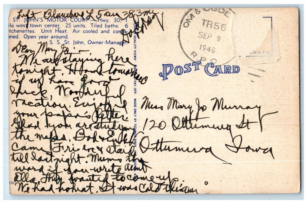 1946 St. John's Motor Court United Motors Courts Road Kearney Nebraska Postcard