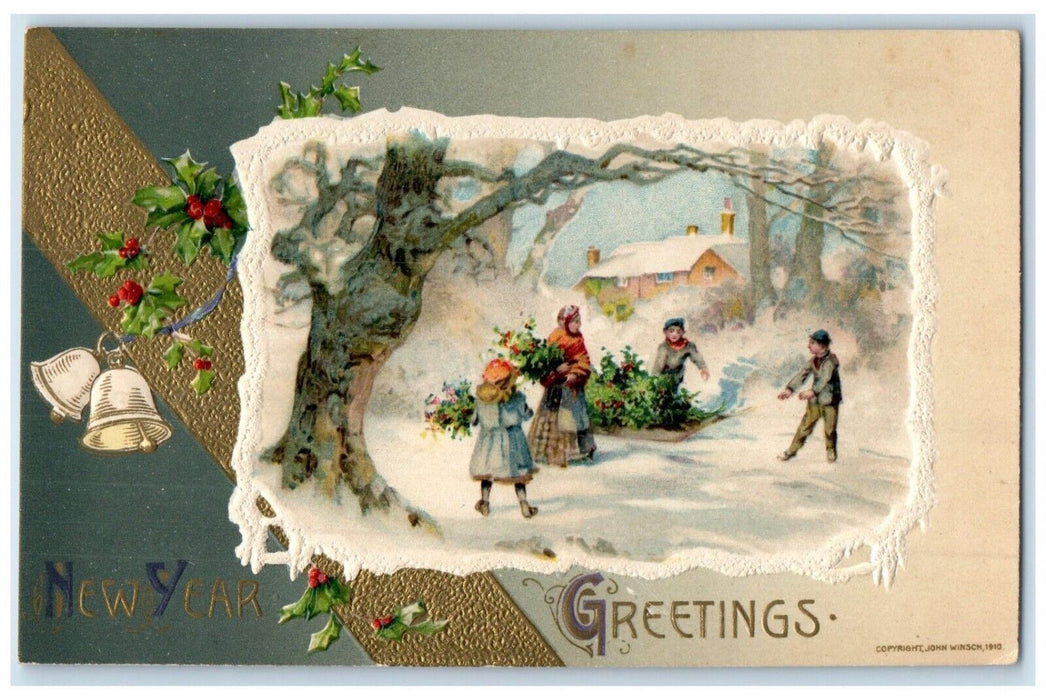 New Year Greetings Holly Berries Bells Winter John Winsch Artist Signed Postcard