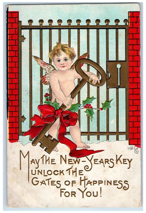 1910 New Year Angel Key Lock Holly Berries Embossed Philadelphia PA Postcard