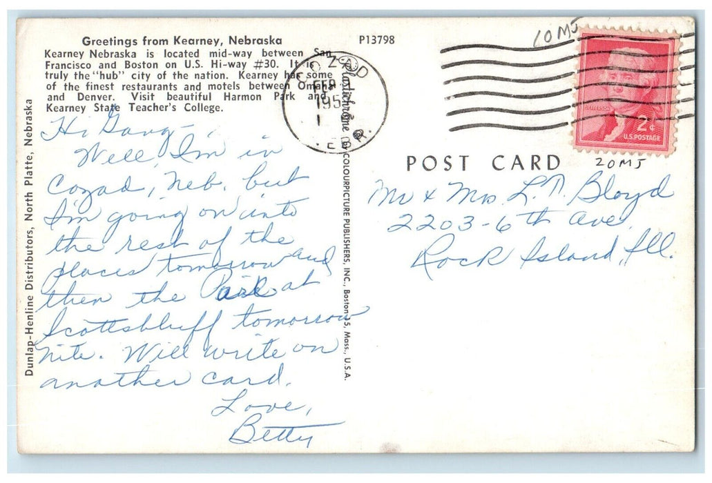 1957 Greetings From Kearney Hub City Mid-Way Tourist Spot Nebraska NE Postcard