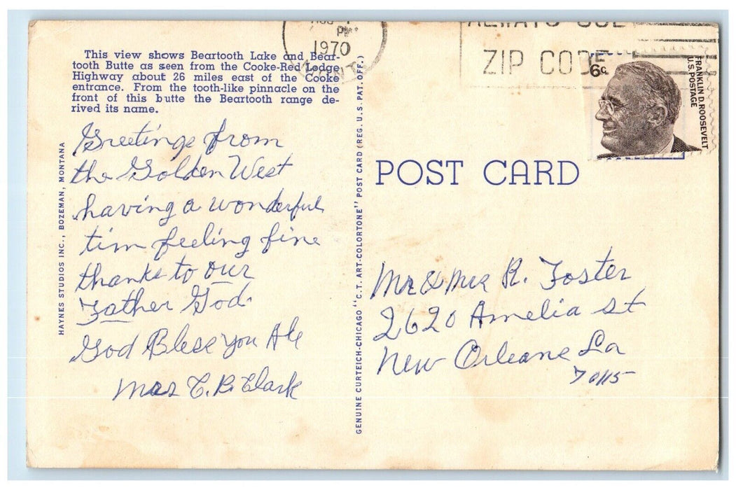 1970 Beartooth Lake Beartooth Butte Cooke-Red Lodge Highway Bozeman MT Postcard