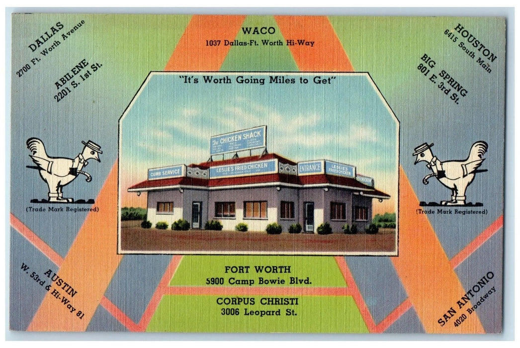 c1940s Leslie's Fried Chicken Advertising Scene Waco Texas TX  Unposted Postcard