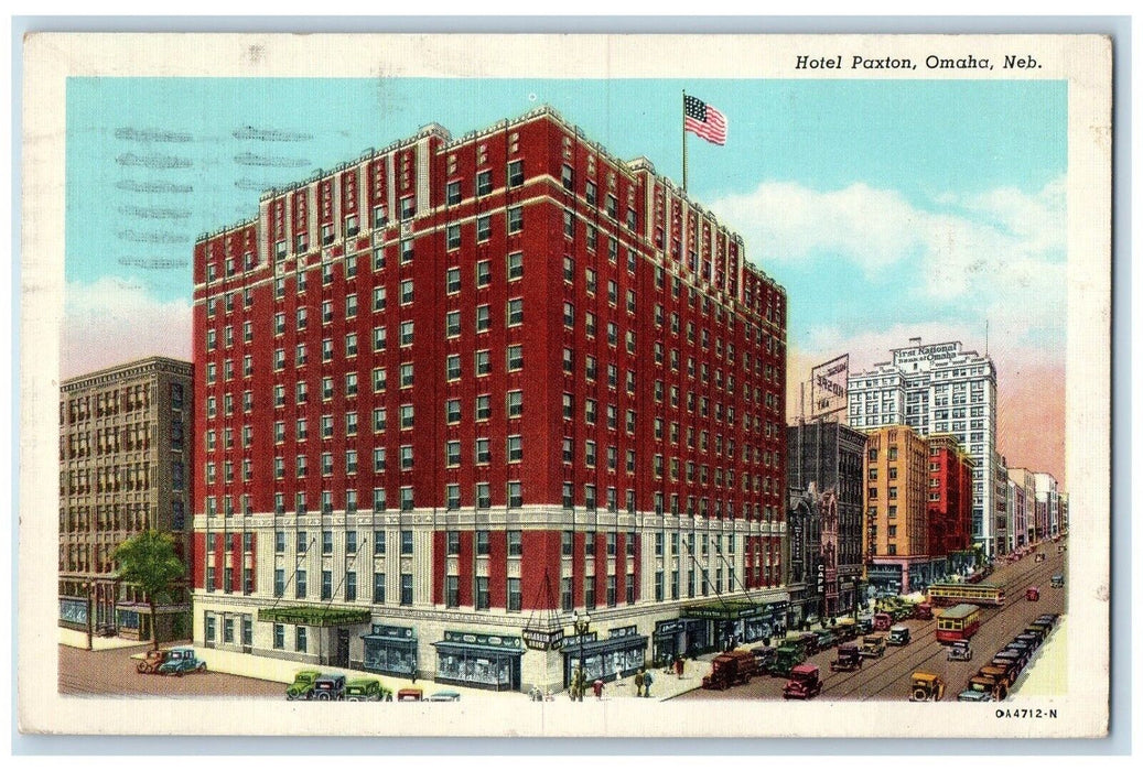 1944 Hotel Paxton Exterior Streetcar Classic Cars Road Omaha Nebraska Postcard