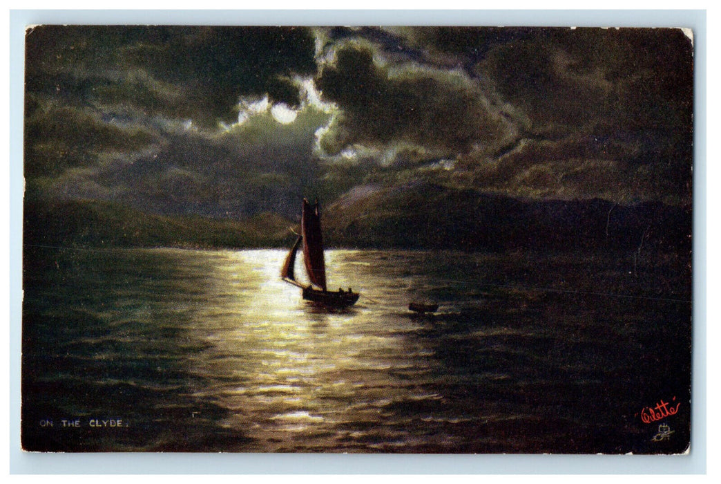 c1910 Moolight Seas On The Clyde, Sailboat, Oilette Tuck Art Postcard
