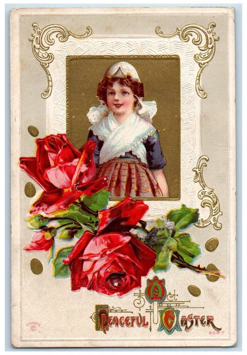 c1910's Peaceful Easter Girl Red Roses Flowers Embossed Posted Antique Postcard