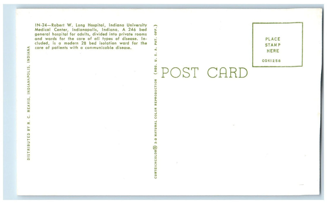 Robert W. Long Hospital Indiana University Medical Indianapolis IN Postcard
