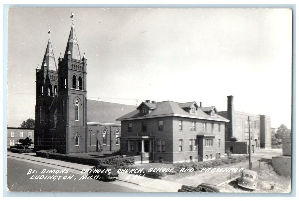 c1940's St. Simons Church School Parsonage View Ludington MI RPPC Photo Postcard