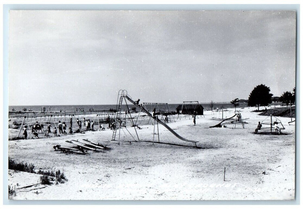 1954 Public Beach Playground Slide Kids View Ludington MI RPPC Photo Postcard