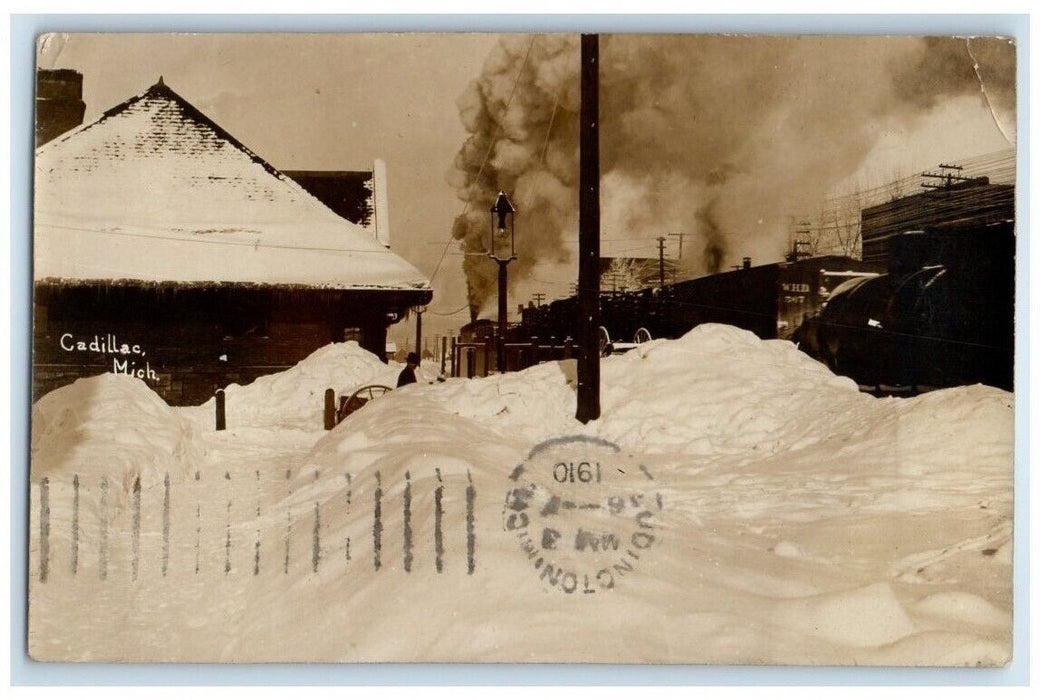 1910 Snow Blizzard Railroad Train Station View Cadillac MI RPPC Photo Postcard