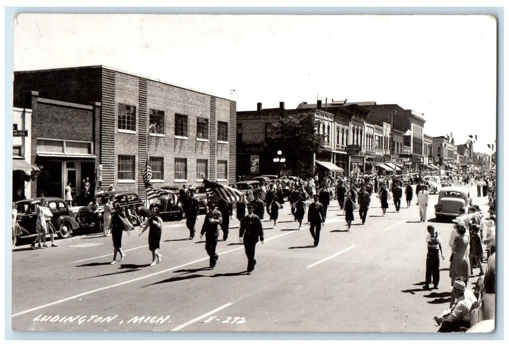 c1940's Patriotic Parade Scene Military Flag Ludington MI RPPC Photo Postcard