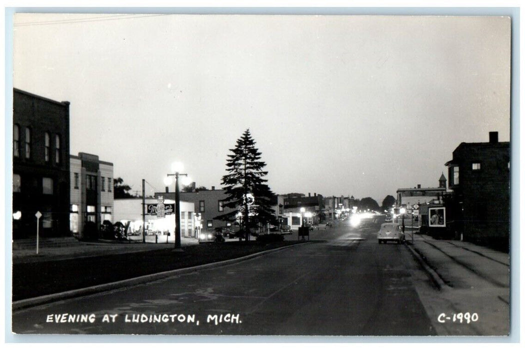 c1940's Evening Street Scene Ludington Michigan MI RPPC Photo Unposted Postcard