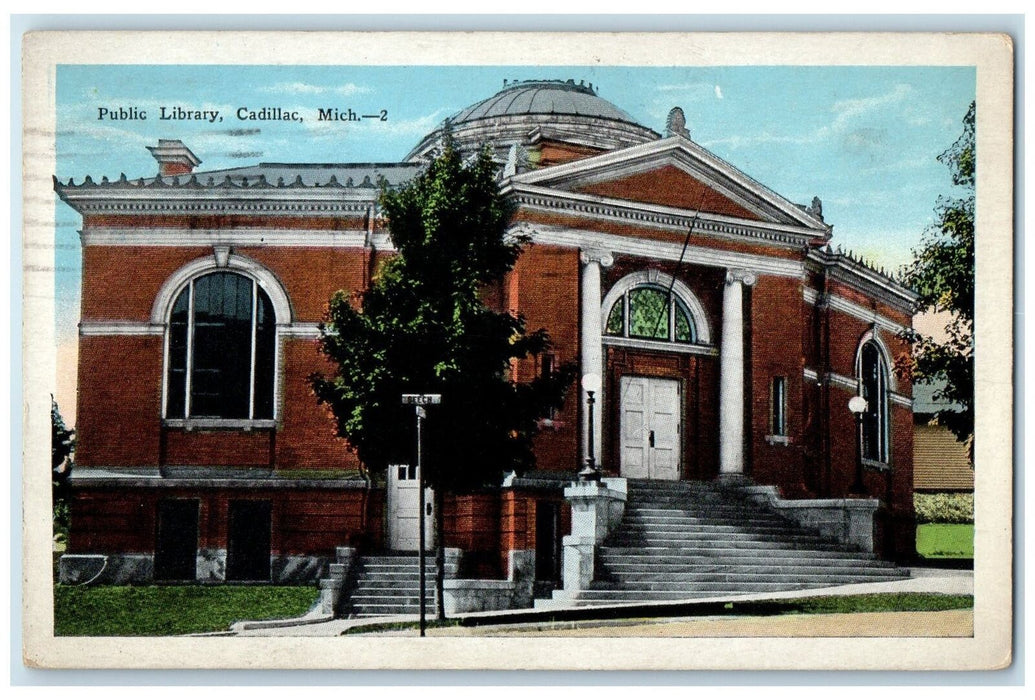 1929 Public Library Exterior Roadside Cadillac Michigan MI Posted Trees Postcard