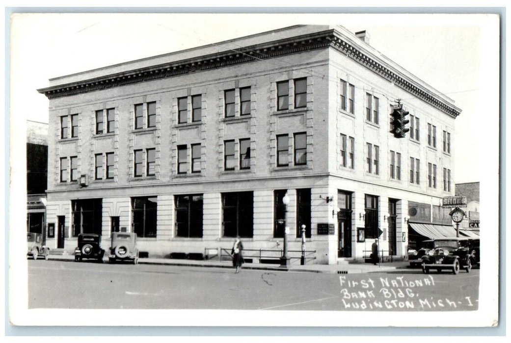 c1920's First National Band Builindg View Ludington MI RPPC Photo Postcard