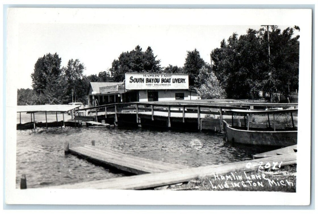 c1920's South Bayou Boat Livery Hamlin Lake Ludington MI RPPC Photo Postcard