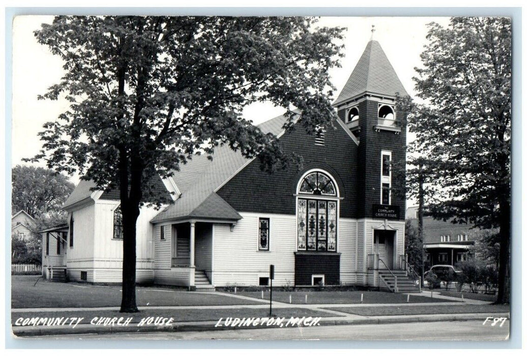 1955 Community Church House View Ludington MI RPPC Photo Posted Postcard