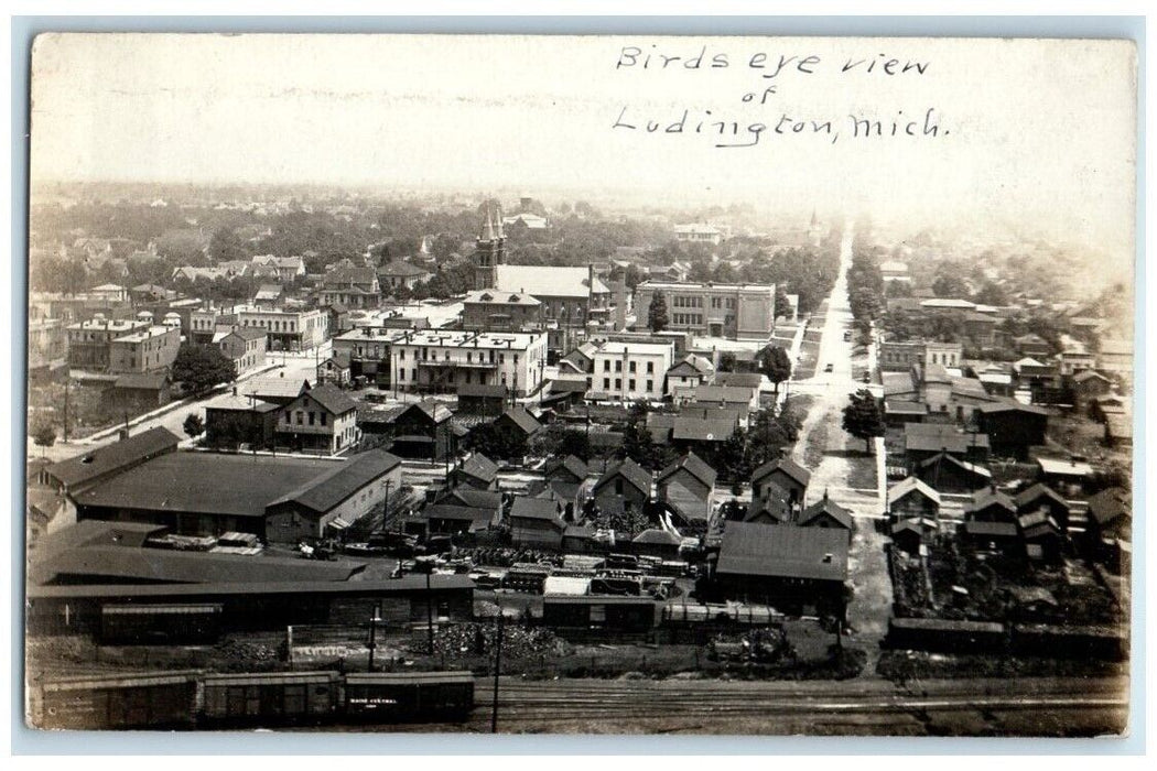 c1910's Birds Eye View Railroad Train Tracks Ludington MI RPPC Photo Postcard