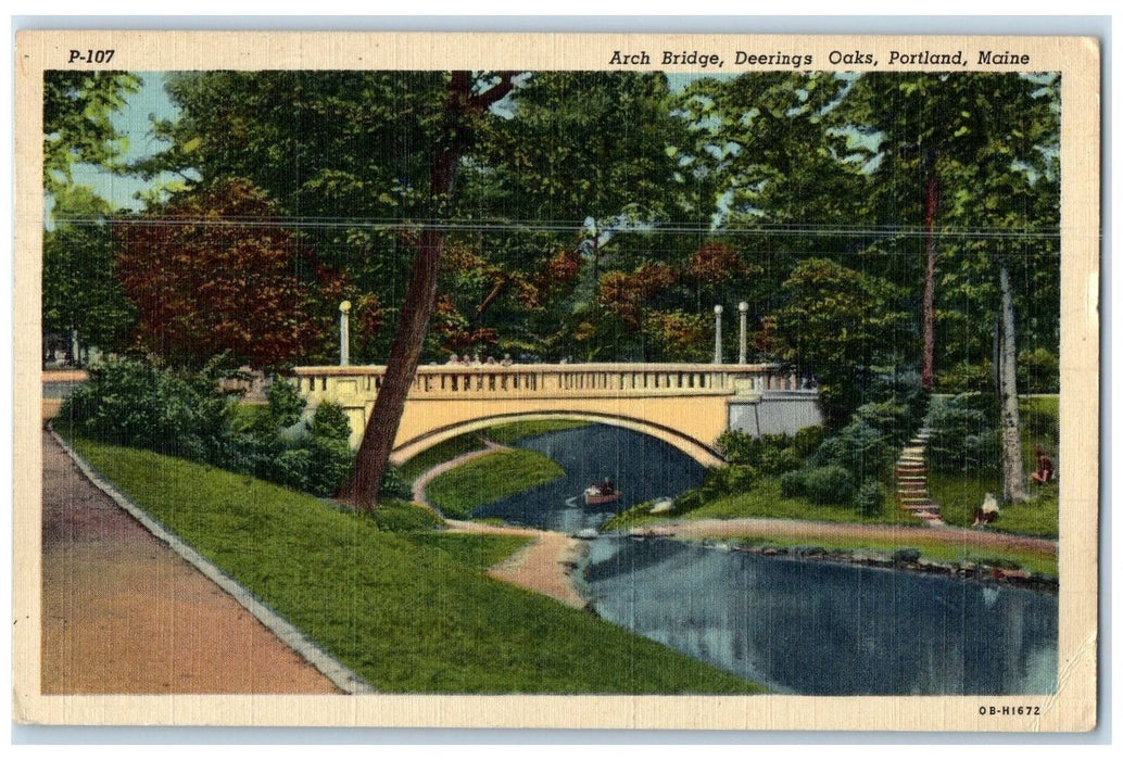 1947 Arch Bridge Deerings Oak Lake River Road Boating Portland Maine ME Postcard