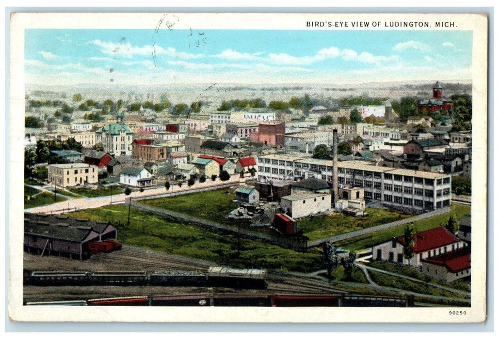 1933 Birds Eye View Ludington Locomotive Train Railroad Houses Michigan Postcard