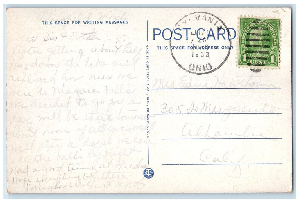 1933 Birds Eye View Ludington Locomotive Train Railroad Houses Michigan Postcard
