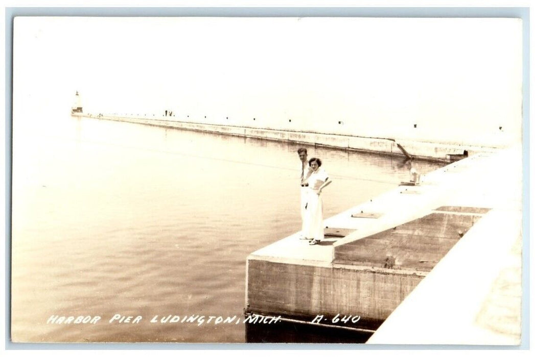 c1940's Harbor Pier Man Woman View Ludington Michigan MI RPPC Photo Postcard