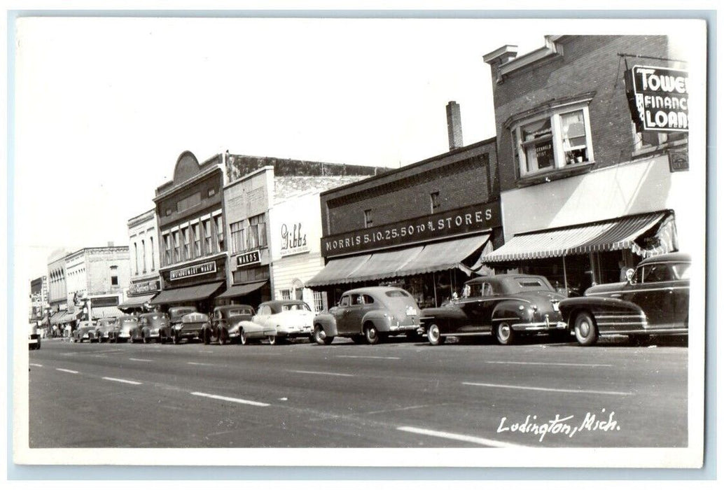 c1940's Main Street Business Montgomery Ward Ludington MI RPPC Photo Postcard