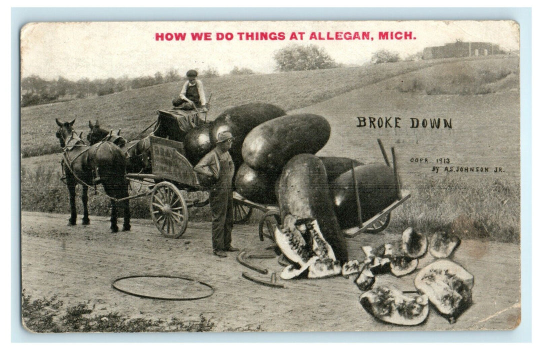 1913 Exaggerated Watermelons Farming Wagon Horse Allegan Michigan MI Postcard