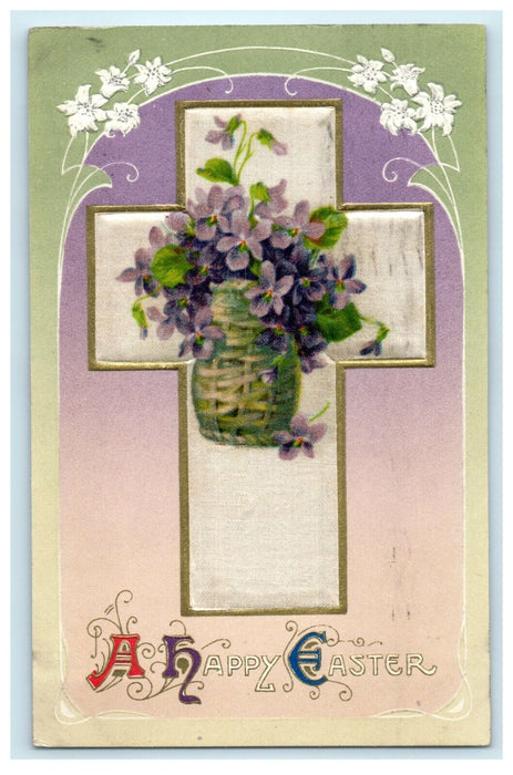 1911 Easter Winsch Back Cross Gold Purple Flowers Embossed Antique Postcard