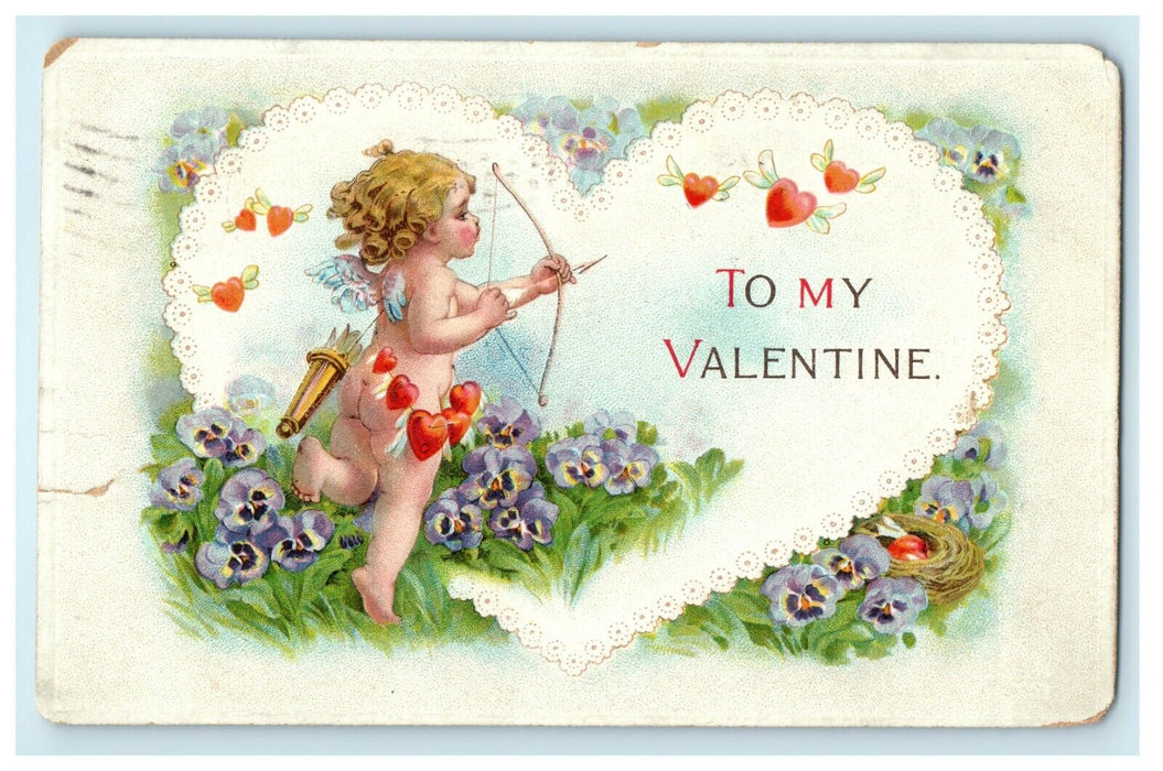 1913 Bare Butt Cupid Embossed Valentine Wakefield Massachusetts MA Postcard