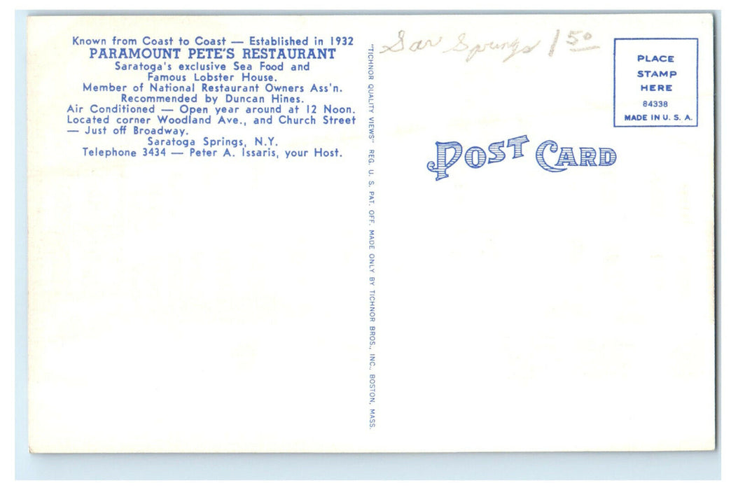 1917 Paramount Pete's Restaurant, Saratoga Springs New York NY Unposted Postcard