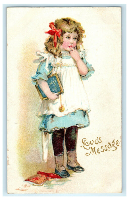 1908 Valentine Little Girl Nervous Holding Slate Book Embossed Postcard