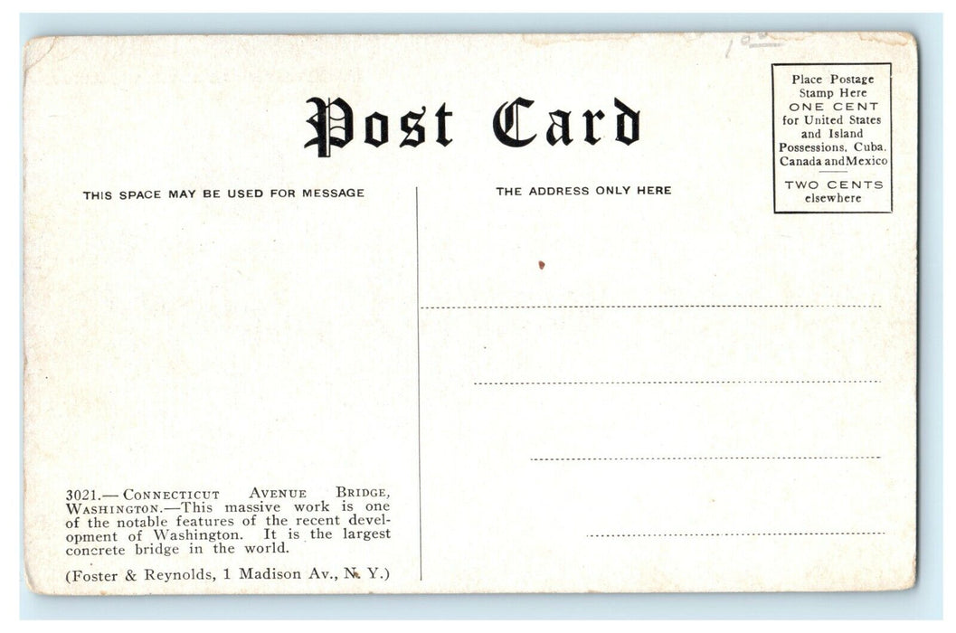 1914 Connecticut Avenue Bridge, Washington WA Antique Postcard