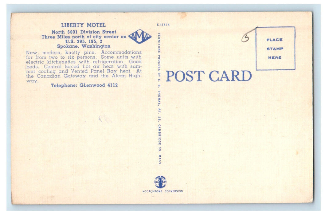 c1930s Liberty Motel, North 6801 Division St. Spokane Washington WA Postcard