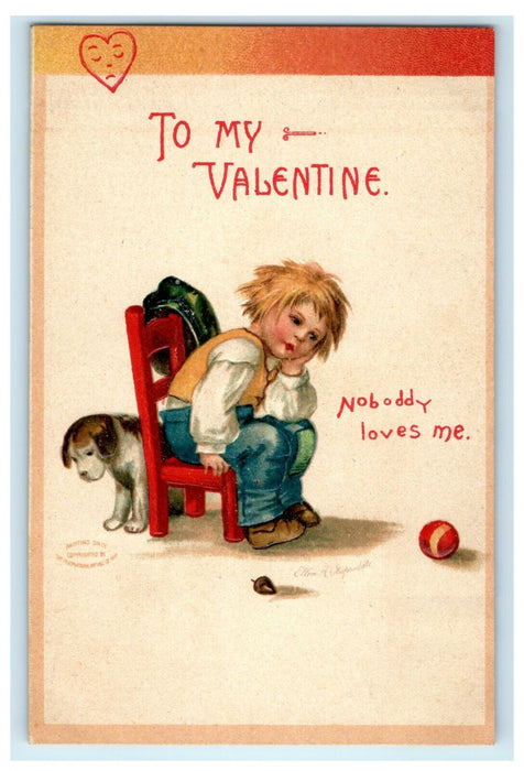 Valentine Little Boy Cute Dog Clapsaddle International Art Embossed Postcard