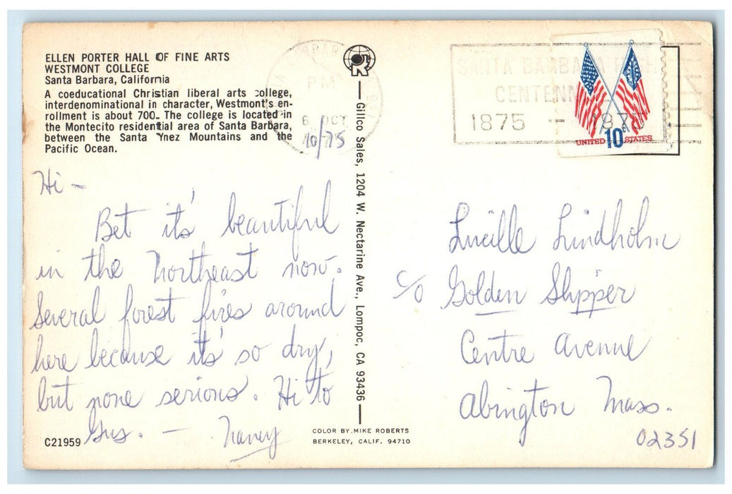 1975 Ellen Porter Hall Of Fine Arts Westmont College Santa Barbara CA Postcard