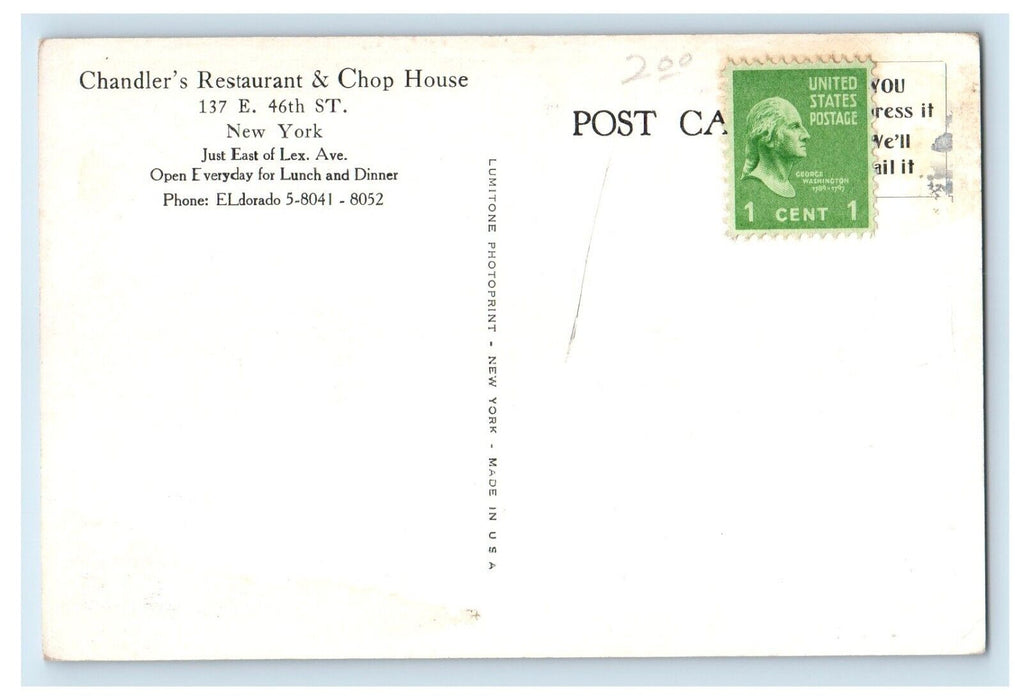 Chandler's Restaurant & Chop House Dining Room Interior New York NY Postcard