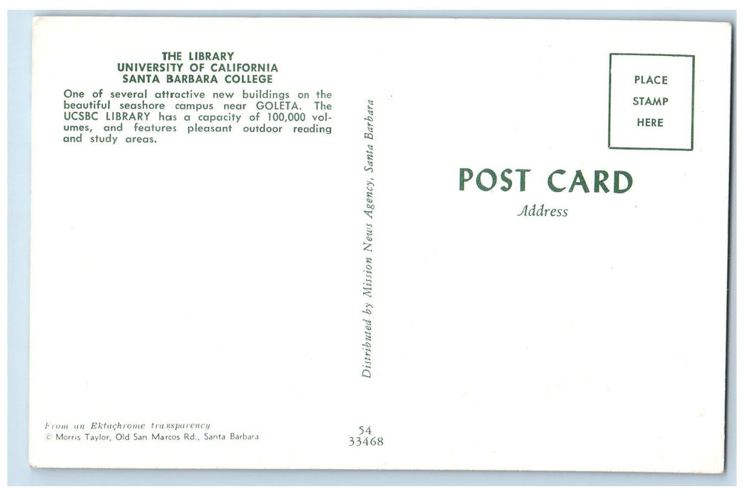1950's The Library University of California Santa Barbara California CA Postcard